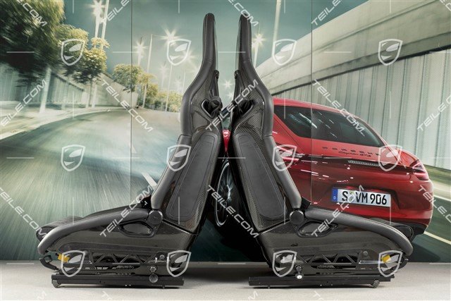 Sportowe fotele kubełkowe, składane, czarna skóra/Alkantara, nitka srebrna, z herbem Porsche, zestaw L+R