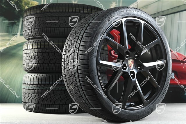 21" Panamera SportDesign Koła zimowe, komplet, felgi 9,5J x 21 ET71 + 10,5J x 21 ET71 + NOWE opony zimowe Continental 275/35 R21 + 315/30 R21, czarny satynowy półmat