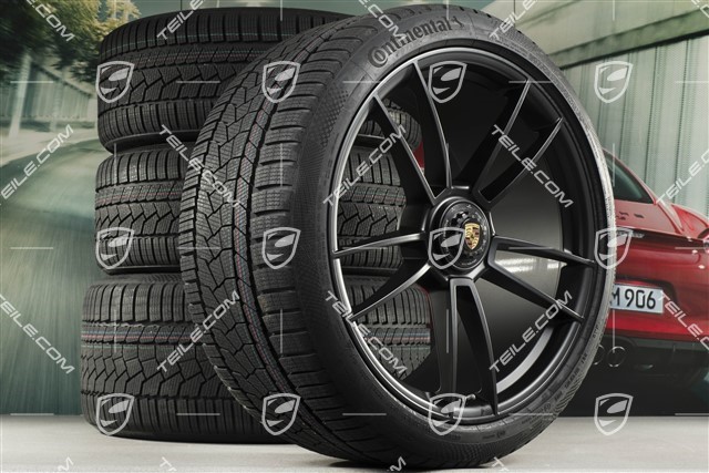 20"+21" GTS "Turbo S" Winterräder Satz, Zentralverschluss Felgen 8,5J x 20 ET50 + 11J x 21 ET66 + NEUE Continental Winterreifen 245/35 R20 + 295/30 R21, schwarz seidenmatt