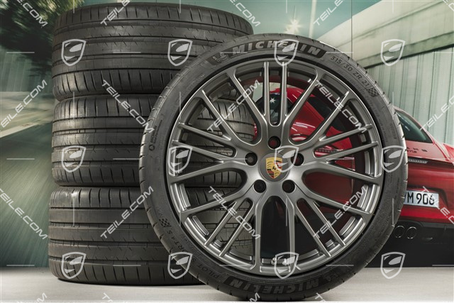 21-inch Panamera Exclusive Design Sport summer wheel set, wheel rims 9,5J x 21 ET71 + 11,5J x 21 ET69 + Michelin summer tyres 275/35 R21 + 315/30 R21, with TPMS, Platinum satin matt