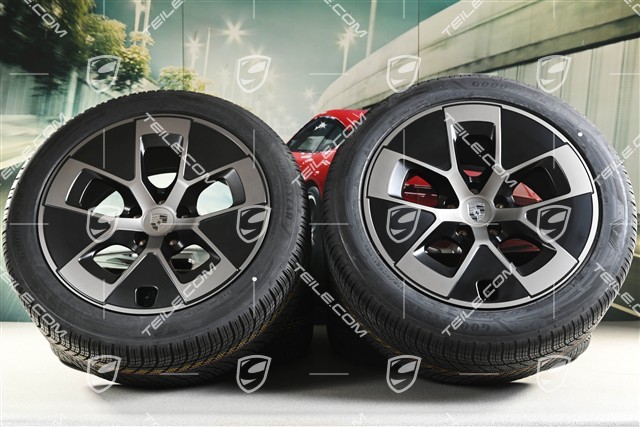 21" Cayenne Turbo Aero Winterräder Satz, Felgen 9,5J x 21 ET16 + 11J x 21 ET37 + Goodyear Ultragrip Performance 3 SUV 275/45 R21 + 315/40 R21, schwarz seidenmatt + Turbonit