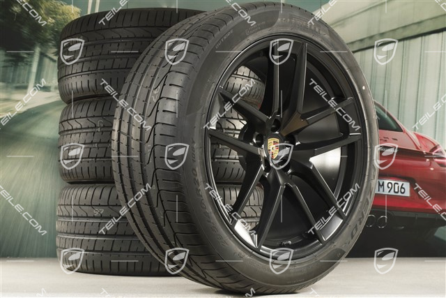 20" "Macan S" Sommerräder Satz, Felgen 9J x 20 ET26 + 10J x 20 ET19 + Pirelli Sommerreifen 265/45 R20 + 295/40 R20, Schwarz seidenmatt, mit RDK-Sensoren