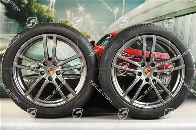 21" Cayenne Turbo Sommerräder Satz, Felgen 9,5J x 21 ET46 + 11,0J x 21 ET49 + Pirelli P Zero Sommerreifen 285/40 R21 + 315/35 R21, Platinum Seidenmatt