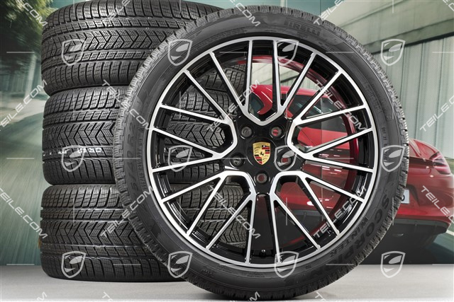 21" koła zimowe Cayenne RS Spyder, komplet, felgi 9,5J x 21 ET46 + 11,0J x 21 ET58 + NOWE opony zimowe Pirelli 275/40 R21 + 305/35 R21, z czujnikami ciśnienia, czarny wysoki połysk