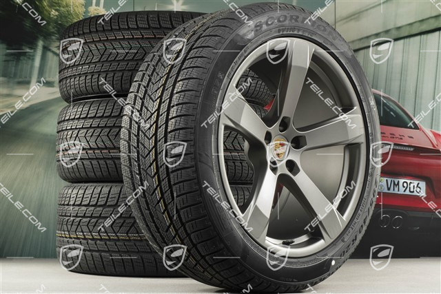 20" "Macan Sport" Winterräder Satz, Felgen 9J x 20 ET26 + 10J x 20 ET19, Pirelli Winterreifen 265/45 R 20 + 295/40 R 20, Platinum Seidenmtatt, mit RDK-Sensoren