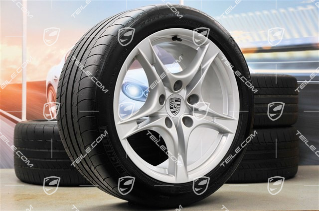 18" Sommerräder Satz Cayman S II, Felgen 8J x 18 ET57 + 9J x 18 ET43 + NEUE Sommerreifen 235/40 R18 + 265/40 R18, ohne RDK-Sensoren