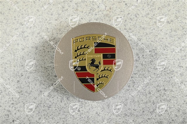 Radkappe, rund, gewölbt, mit farbigem Porsche-Wappen, Palladium-Metallic