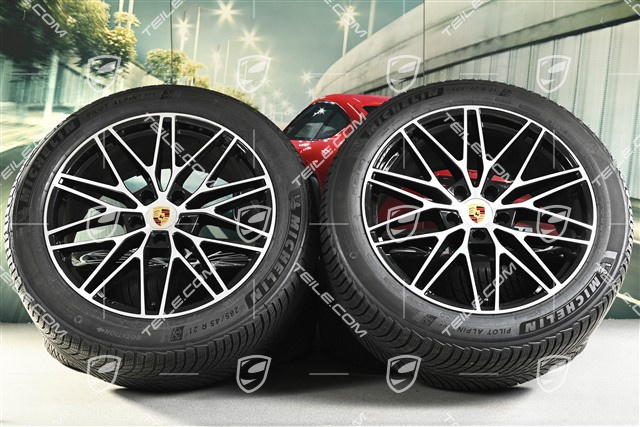 21" koła zimowe Cayenne COUPE "RS Spyder Design", komplet, felgi 9,5J x 21 ET46 + 11,0J x 21 ET49 + opony zimowe Michelin Pilot Alpin 5 SUV 285/45 R21 + 305/40 R21, z czujnikami ciśnienia, czarny wysoki połysk