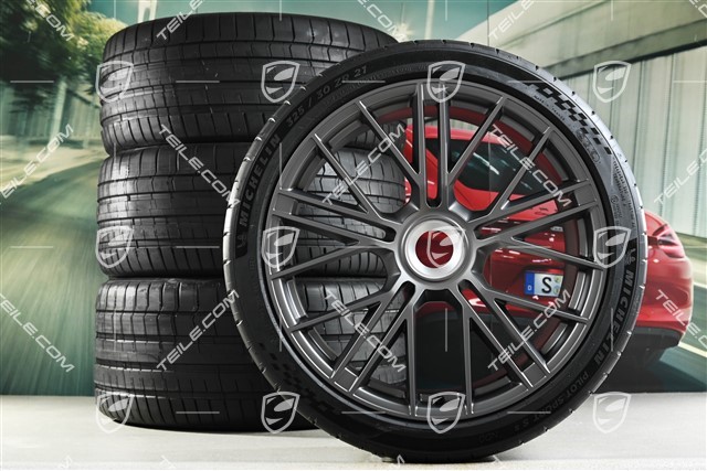 21" Panamera Turbo S Sommerräder Satz, mit Zentralverschluss, Felgen 9,5J x 21 ET71 + 11,5J x 21 ET69 + NEUE Michelin Pilot Sport S5 Sommerreifen 275/35 R21 + 325/30 R21, dark silver