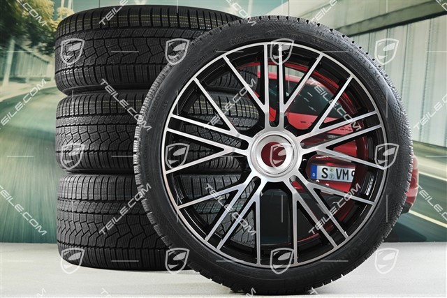 21" Panamera Turbo S Winterräder Satz, Zentralverschluss, Felgen 9,5J x 21 ET71 + 10,5J x 21 ET71 + Continental Winter Contact TS860 S Winterreifen 275/35 R21 + 315/30 R21, Schwarz Hochglanz