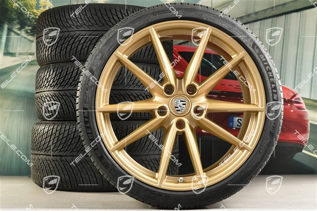 20"+21" Carrera S Winterräder Satz, Felgen 8,5J x 20 ET53 + 11J x 21 ET66 + NEUE Michelin Winterreifen 245/35 R20 + 295/30 R21, in Aurum Gold Seidenmatt