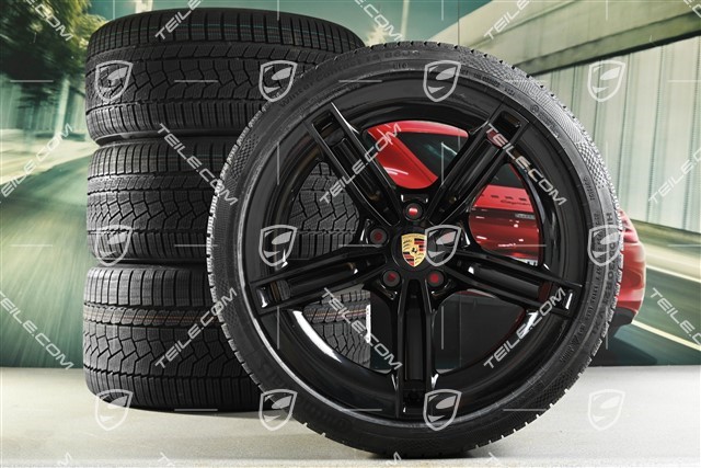 21" Mission E Design Winterräder Satz, Felgen 9,5J x 21 ET60 + 11,5J x 21 ET66 + Continental Winter Contact TS860 S Winterreifen 265/35 R21 + 305/30 R21, schwarz hochglanz