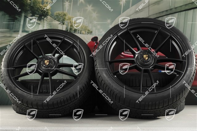 20"+21" GTS "Turbo S" Winterräder Satz, Zentralverschluss Felgen 8,5J x 20 ET50 + 11J x 21 ET66 + NEUE Continental Winterreifen 245/35 R20 + 295/30 R21, schwarz seidenmatt