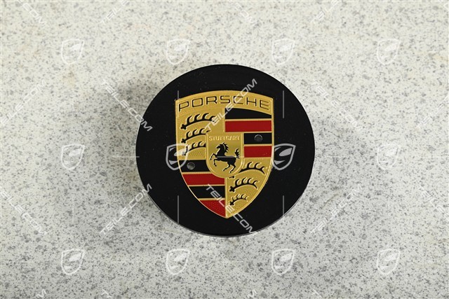 Radkappe, rund, gewölbt, mit farbigem Porsche-Wappen, Moonlight Blue Metallic