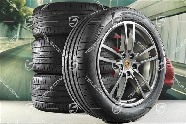 21-inch Cayenne Turbo Design summer wheel set, rims 9,5J x 21 ET46 + 11,0J x 21 ET58 + NEW Pirelli P Zero summer tyres 285/40 R21 + 315/35 R21, with TPMS, Platinum satin mat
