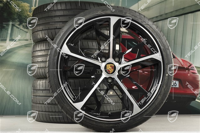 21" Cross Turismo Design Sommerräder Satz, Felgen 9,5J x 21 ET60 + 11,5J x 21 ET66 + Goodyear Sommerreifen 265/35 R21 + 305/30 R21, schwarz hochglanz mit glanzgedrehter Stirnfläche