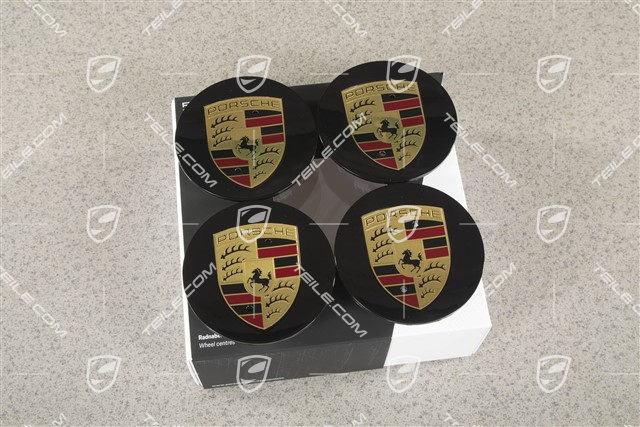 Radzierdeckel Satz, konkav, Wappen farbig, für 20-/21-Zoll Exclusive Design und Carrera S Felgen, Tiefschwarz Metallic