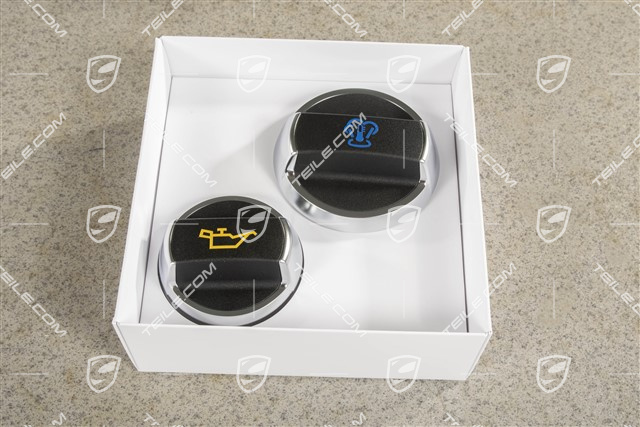 Engine oil and coolant caps, in aluminium look