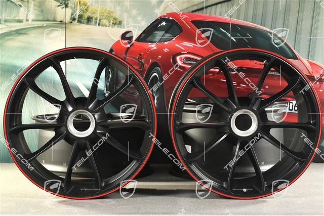 20" Felgensatz GT3, 9J x 20 ET55 + 12J x 20 ET47, in Schwarz seidenmatt + Rand in Rot