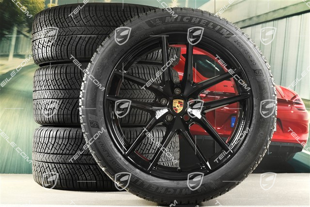 20" "Macan S" koła zimowe, komplet, felgi 9J x 20 ET26 + 10J x 20 ET19, opony zimowe Michelin 265/45 R 20 + 295/40 R 20, czarny wysoki połysk, z czujnikami ciśnienia RDK