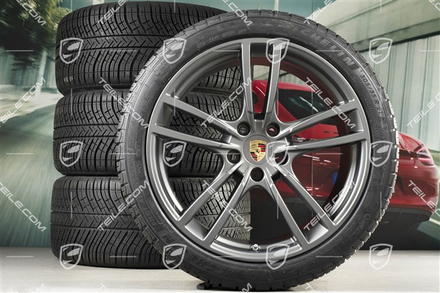 21" Cayenne Turbo Winterräder Satz, Felgen 9,5J x 21 ET46 + 11,0J x 21 ET58 + NEUE Michelin Winterreifen 275/40 R21 + 305/35 R21, mit RDK-Sensoren, in Platinum Seidenmatt