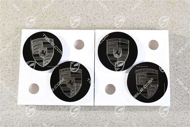 Wheel hub covers set, concave, emblem in Turbonite, Silky gloss Black