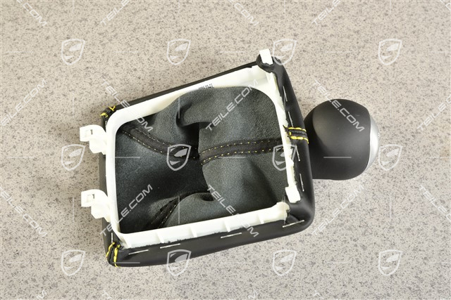 GT4, Schaltknauf /Schalthebelknopf Schaltmanschette Leder mit Gelben Faden, 6-Gang Schaltgetriebe