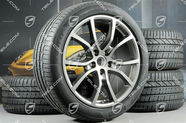 21-inch Cayenne Exclusive Design summer wheel set, rims 9,5J x 21 ET46 + 11,0J x 21 ET58 + NEW Pirelli P Zero summer tyres 285/40 R21 + 315/35 R21, with TPMS, Platinum satin matt