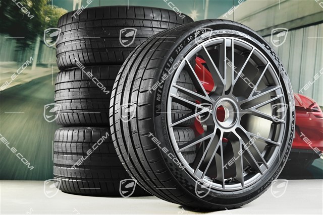 21" Panamera Turbo S Sommerräder Satz, mit Zentralverschluss, Felgen 9,5J x 21 ET71 + 11,5J x 21 ET69 + NEUE Michelin Pilot Sport S5 Sommerreifen 275/35 R21 + 325/30 R21, dark silver