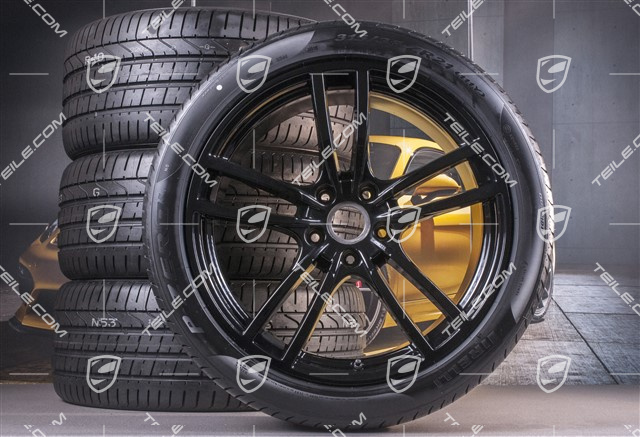 21" Cayenne Turbo Design Sommerräder Satz, Felgen 9,5J x 21 ET46 + 11,0J x 21 ET58 + Pirelli P Zero Sommerreifen 285/40 R21 + 315/35 R21, mit RDK-Sensoren, in Schwarz Hochglanz