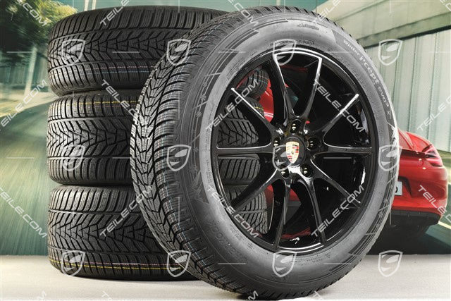 20-inch Cayenne Design winter wheel set, rims 9J x 20 ET50 + 10,5J x 20 ET64 + NEW Hankook winter tyres 255/55 R20 + 295/45 R20, with TPMS, black high gloss