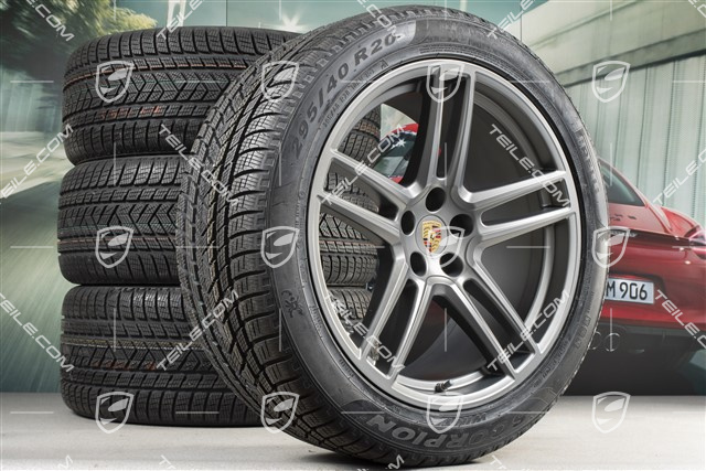 20" "Macan Turbo" koła zimowe, komplet, felgi 9J x 20 ET26 + 10J x 20 ET19 + NOWE opony zimowe Pirelli 265/45 R20 + 295/40 R20, Platinum satynowy mat, z czujnikami ciśnienia RDK