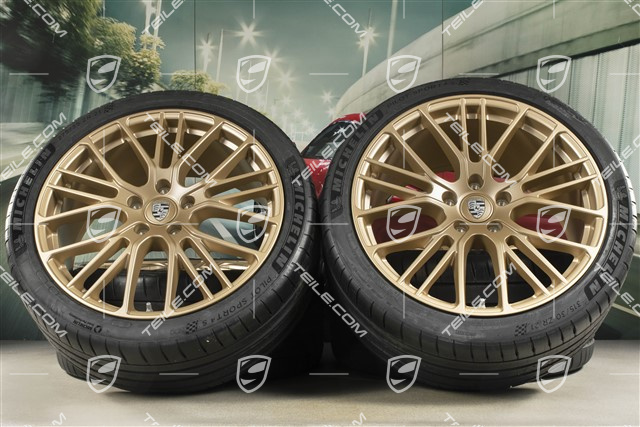 21" Panamera Exclusive Design Sport Sommerräder Satz, Felgen 9,5J x 21 ET71 + 11,5J x 21 ET69 + NEUE Michelin Sommerreifen 275/35 R21 + 315/30 R21, mit RDK-Sensoren, in Aurum Seidenmatt