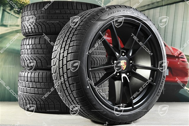 19-/20-inch Carrera winter wheel set, wheel rims 8,5J x 19 ET52 + 11J x 20 ET66 + Pirelli winter tyres 235/40 R19 + 295/35 R20, with TPMS, in black satin-mat