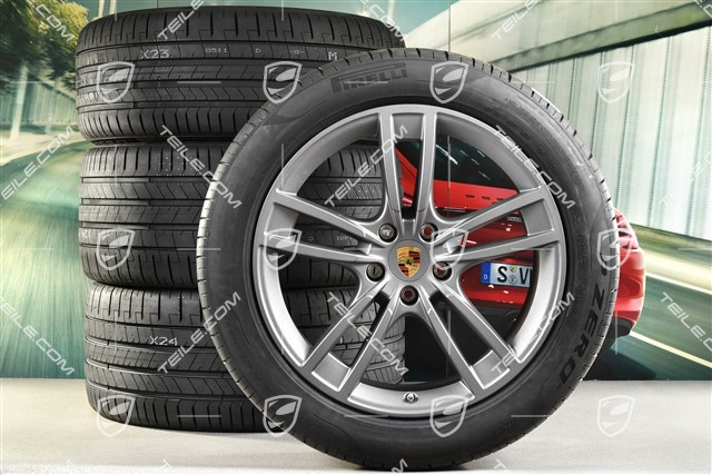 21" Cayenne Turbo Design Sommerräder Satz, Felgen 9,5J x 21 ET46 + 11,0J x 21 ET58 + NEUE Pirelli P Zero Sommerreifen 285/45 R21 + 315/40 R21, mit RDK-Sensoren, Vesuvgrau