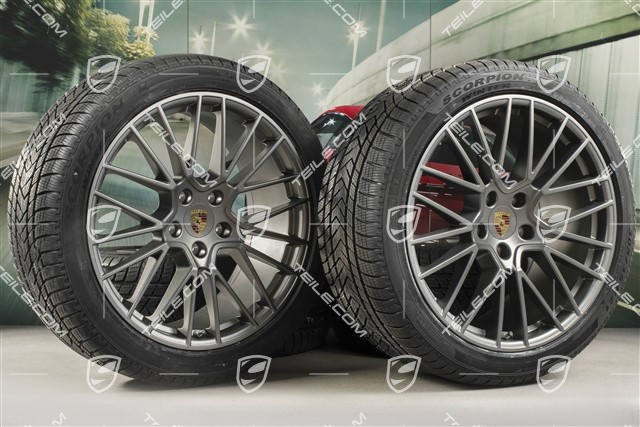 21-inch Cayenne COUPÉ RS Spyder winter wheel set, rims 9,5J x 21 ET46 + 11,0J x 21 ET49 + Pirelli winter tyres275/40 R21 + 305/35 R21, with TPMS, Platinum satin matt