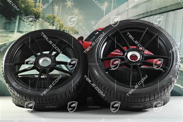 20"+21" GTS "Turbo S" Winterräder Satz, Zentralverschluss Felgen 8,5J x 20 ET50 + 11J x 21 ET66 + Continental Winterreifen 245/35 R20 + 295/30 R21, schwarz seidenmatt