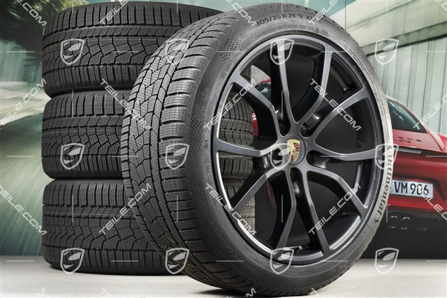 21" koła zimowe Cayenne Exclusive Design, komplet, felgi 9,5J x 21 ET46 + 11,0J x 21 ET58 + NOWE opony zimowe Continental 275/40 R21 + 305/35 R21, z czujnikami ciśnienia, czarny satynowy mat