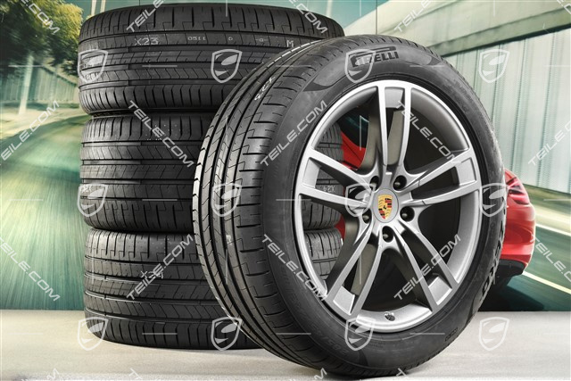 21" Cayenne Turbo Design Sommerräder Satz, Felgen 9,5J x 21 ET46 + 11,0J x 21 ET58 + NEUE Pirelli P Zero Sommerreifen 285/45 R21 + 315/40 R21, mit RDK-Sensoren, Vesuvgrau