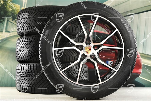 20" koła zimowe Cayenne S, komplet, felgi 9J x 20 ET50 + 10,5J x 20 ET55 + opony zimowe Pirelli 255/55 R20 + 295/45 R20, z czujnikami ciśnienia, czarny wysoki połysk