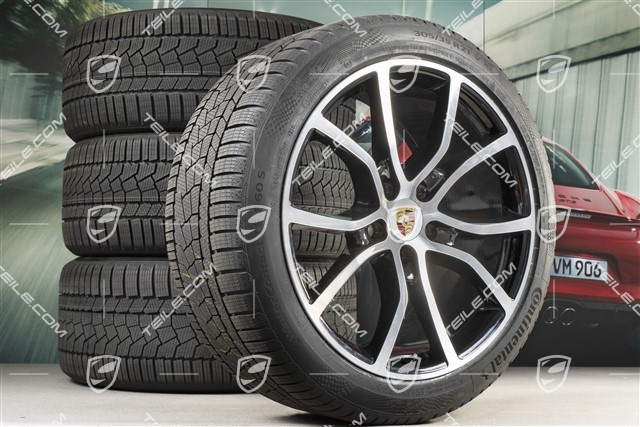 21" Cayenne Exclusive Design Winterräder Satz, Felgen 9,5J x 21 ET46 + 11,0J x 21 ET58 + NEUE Continental  Winterreifen 275/40 R21 + 305/35 R21, mit RDK-Sensoren, schwarz hochglanz + Glanzdrehbereichen