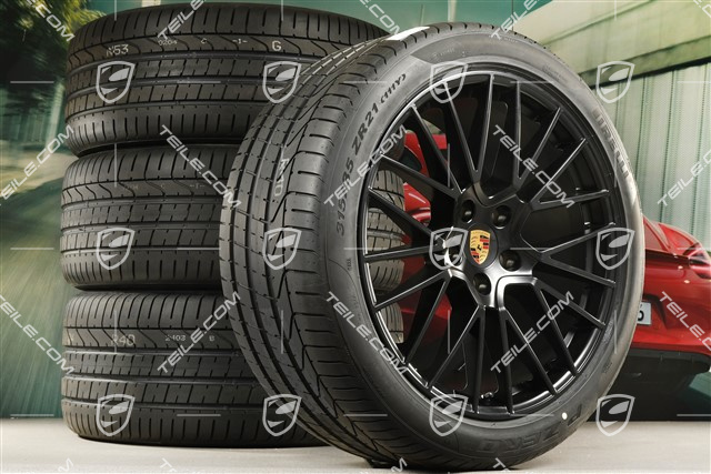 21" Cayenne RS Spyder Sommerräder Satz, Felgen 9,5J x 21 ET46 + 11,0J x 21 ET58 + NEUE Pirelli P Zero Sommerreifen 285/40 R21 + 315/35 R21, mit RDK-Sensoren, schwarz seidenmatt