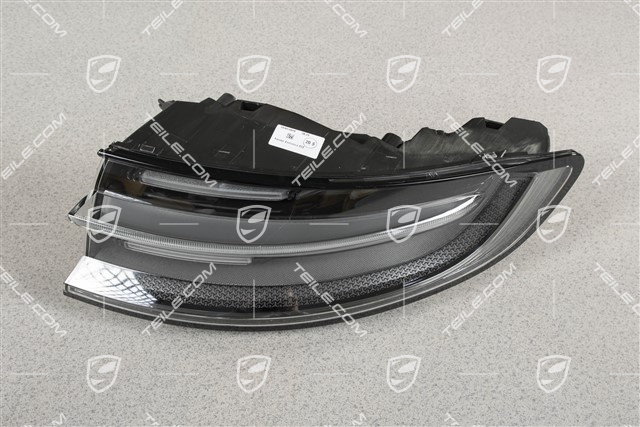 LED lampy tylne, zestaw z blendą klapy, ciemne/czarne, komplet: lewa+prawa+środkowa, srebrny napis „PORSCHE"