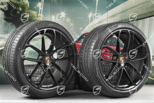 22-inch Cayenne Coupé GT summer wheel set, rims 10J x 22 ET48 + 11,5J x 22 ET52 + Pirelli P Zero summer tyres 285/35 R22 + 315/30 R22, with TPMS, black satin matt