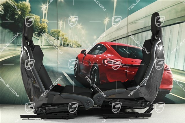 Schalensitze, CARBON, Leder + Stoff in Schwarz, gelbe Nähte, Porsche Wappen, Satz, L+R