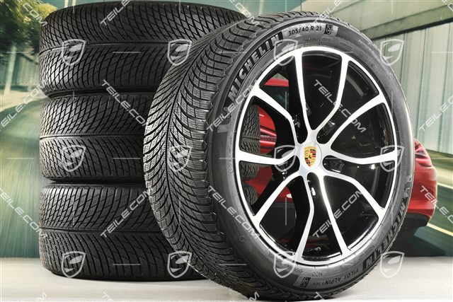 21" Cayenne COUPE Exclusive Design Winterräder Satz, Felgen 9,5J x 21 ET46 + 11,0J x 21 ET49 + NEUE Michelin Pilot Alpin 5 SUV Winterreifen 285/45 R21 + 305/40 R21, mit RDK-Sensoren, Tiefschwarz Metallic