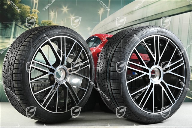 21" Panamera Turbo S Koła zimowe, komplet, centralne mocowanie, felgi 9,5J x 21 ET71 + 10,5J x 21 ET71 + NOWE opony zimowe Continental Winter Contact TS860 S 275/35 R21 + 315/30 R21, czarny wysoki połysk