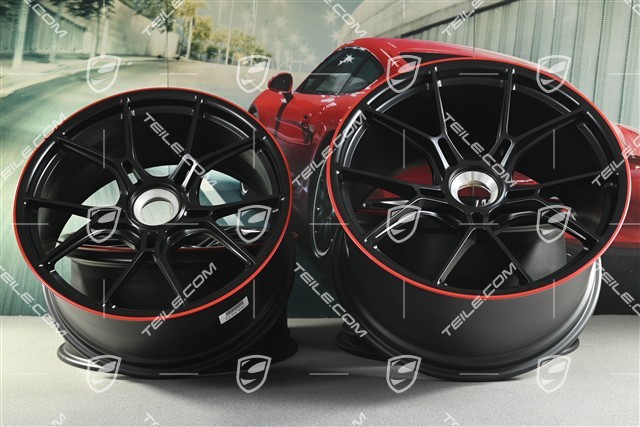 20"+21" GT3 Felgen Satz, 9,5J x 20 ET46 + 12J x 21 ET45, in Schwarz Seidenmatt, Rand in Rot