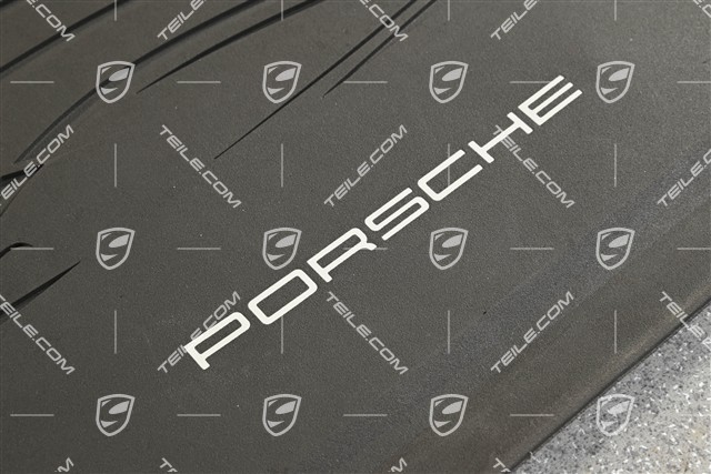 Gumowe dywaniki komplet 2-częściowy z sylwetką Porsche i napisem "Porsche", popielaty Agate Grey RHD