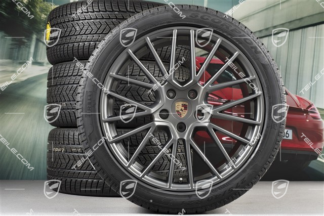 21-inch Cayenne COUPÉ RS Spyder winter wheel set, rims 9,5J x 21 ET46 + 11,0J x 21 ET49 + Pirelli winter tyres275/40 R21 + 305/35 R21, with TPMS, Platinum satin matt